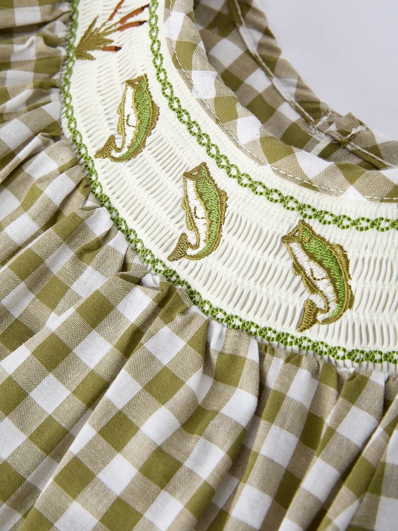 Rylee Faith Designs Green Plaid Fish Embroidered Baby Girls Smocked Dress - 