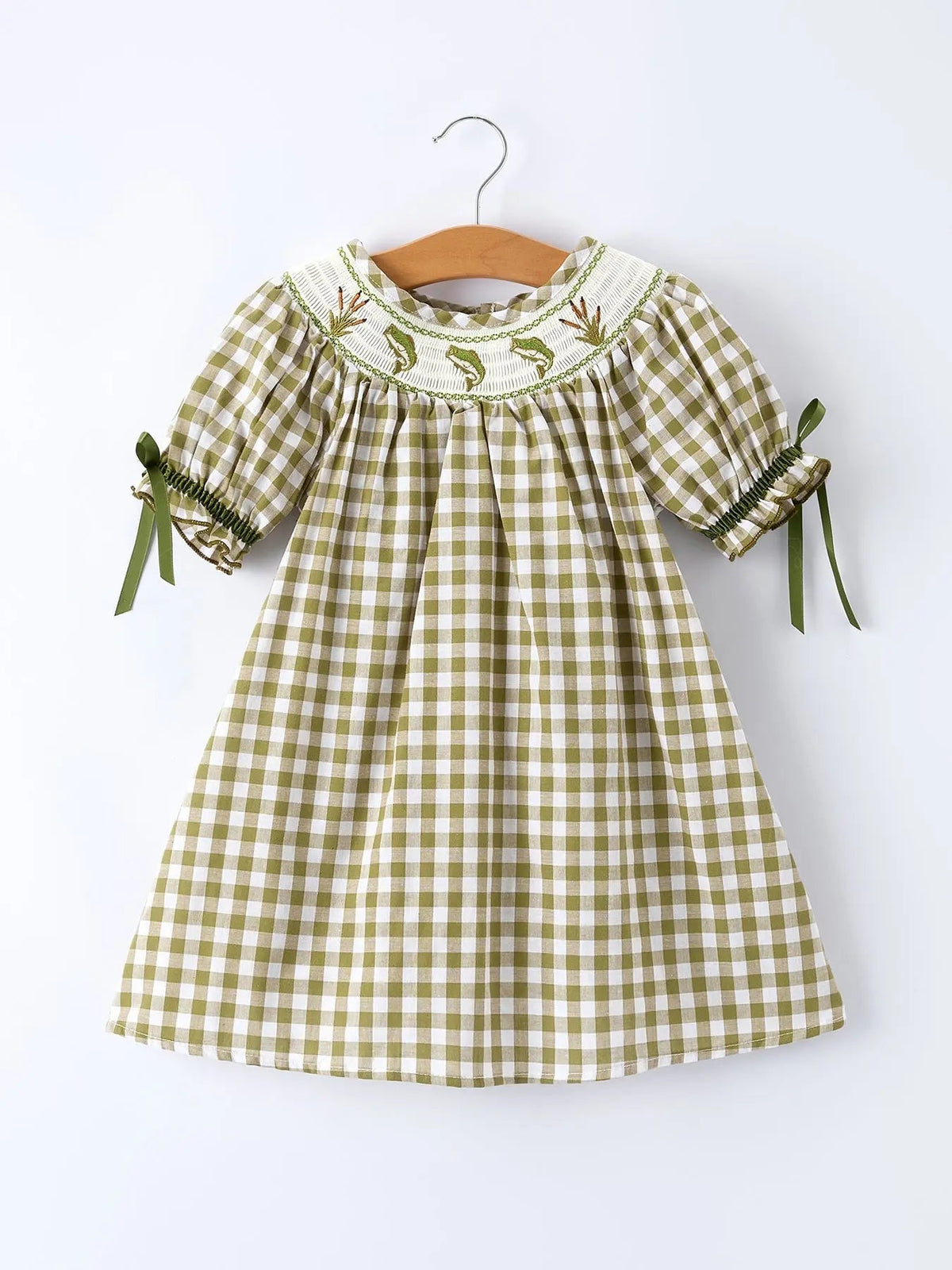 Rylee Faith Designs Green Plaid Fish Embroidered Baby Girls Smocked Dress - 