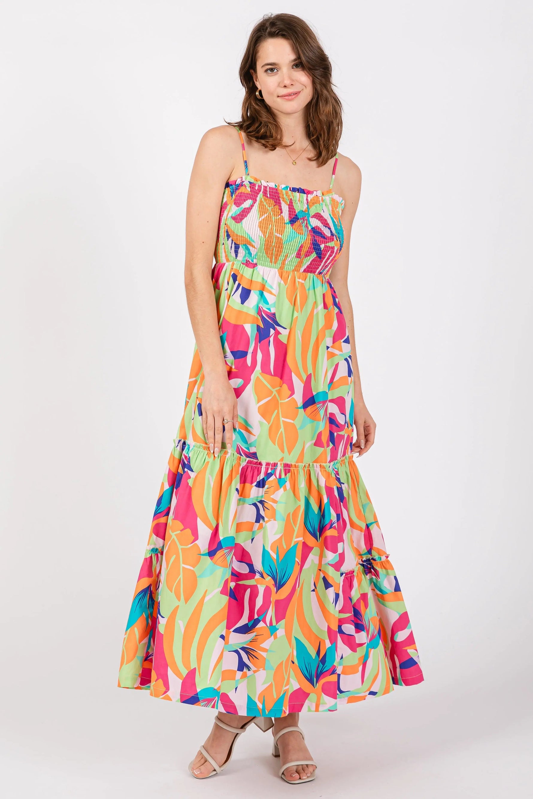 PinkBlush Green Printed Smocked Bodice Tiered Maternity Maxi Dress - 