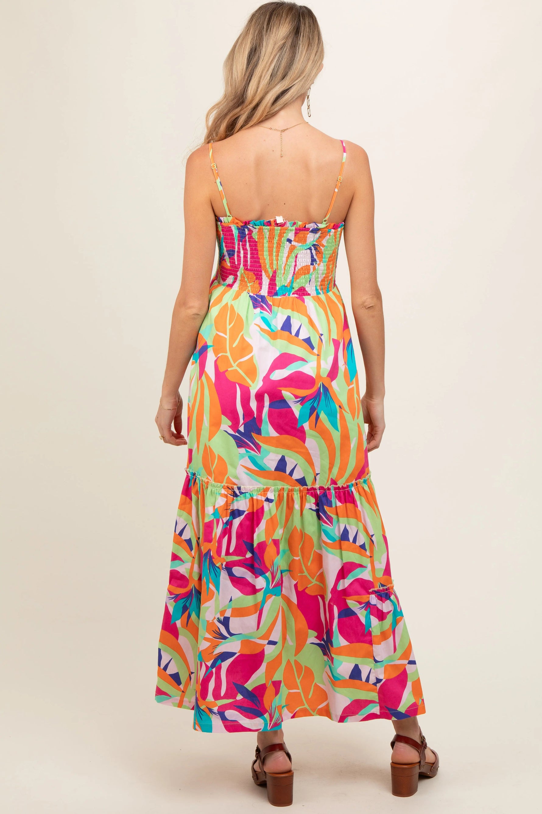 PinkBlush Green Printed Smocked Bodice Tiered Maternity Maxi Dress - 