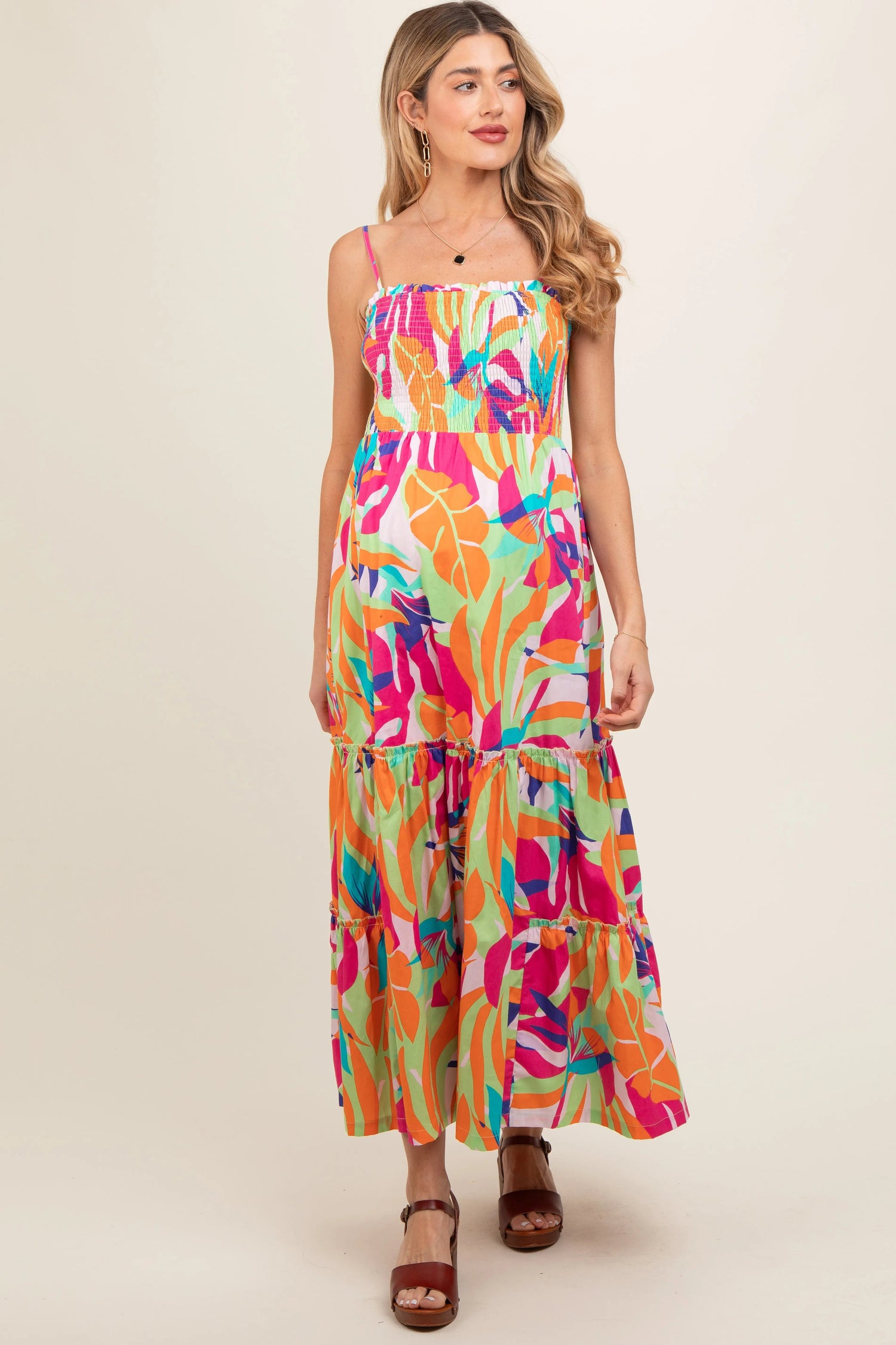 PinkBlush Green Printed Smocked Bodice Tiered Maternity Maxi Dress - 