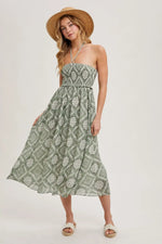 PinkBlush Green Printed Smocked Halter Midi Dress - 