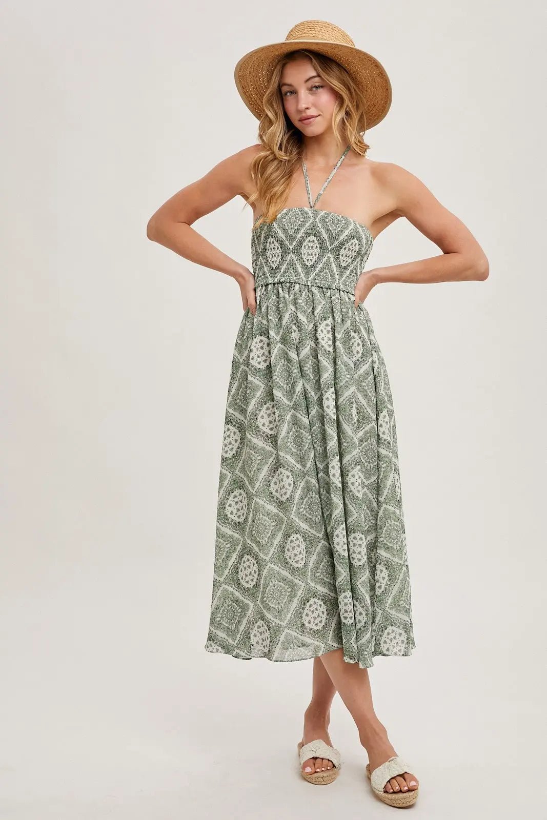 PinkBlush Green Printed Smocked Halter Midi Dress - 