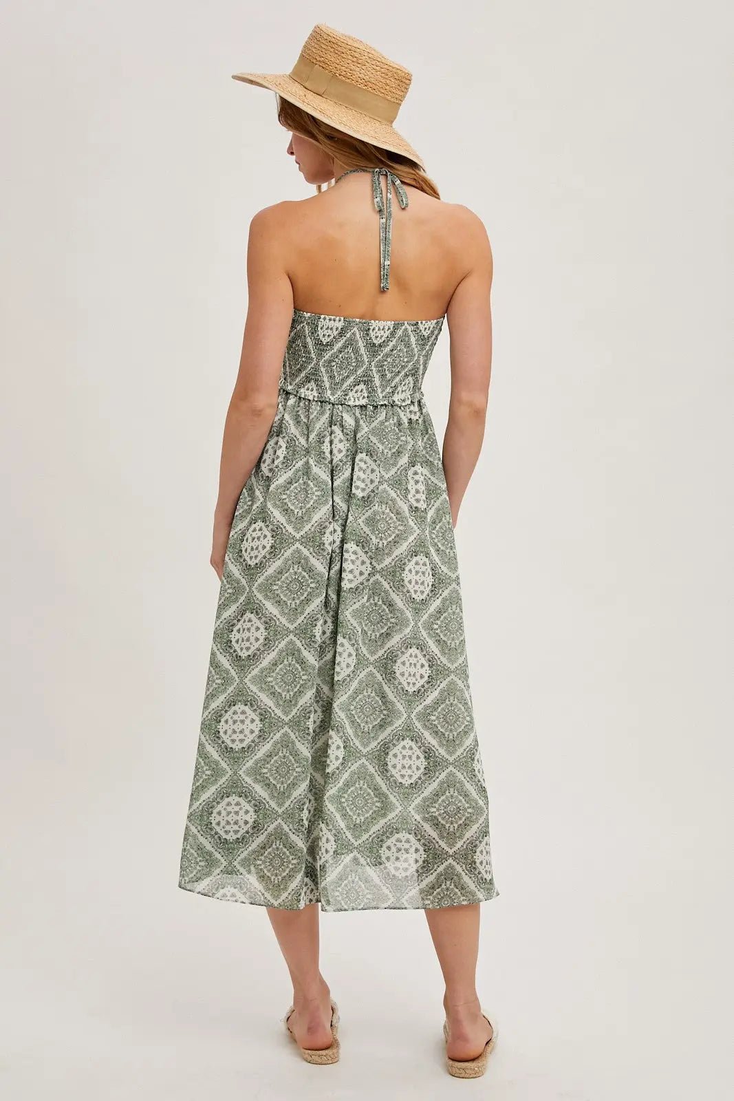 PinkBlush Green Printed Smocked Halter Midi Dress - 