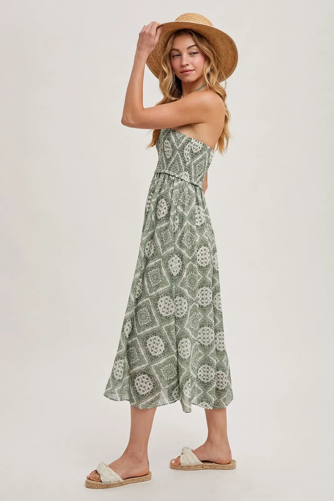 PinkBlush Green Printed Smocked Halter Midi Dress - 