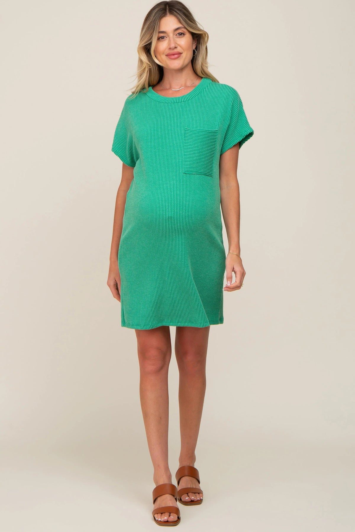 PinkBlush Green Ribbed Front Pocket Dolman Short Sleeve Maternity Dress - 