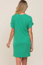 PinkBlush Green Ribbed Front Pocket Dolman Short Sleeve Maternity Dress - 