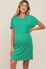 Green Ribbed Front Pocket Dolman Short Sleeve Maternity Dress - One-piece garment, Day Dress, Pattern, Person, Dress | Everetts Place