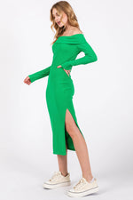 PinkBlush Green Ribbed Off Shoulder Side Slit Midi Dress - 