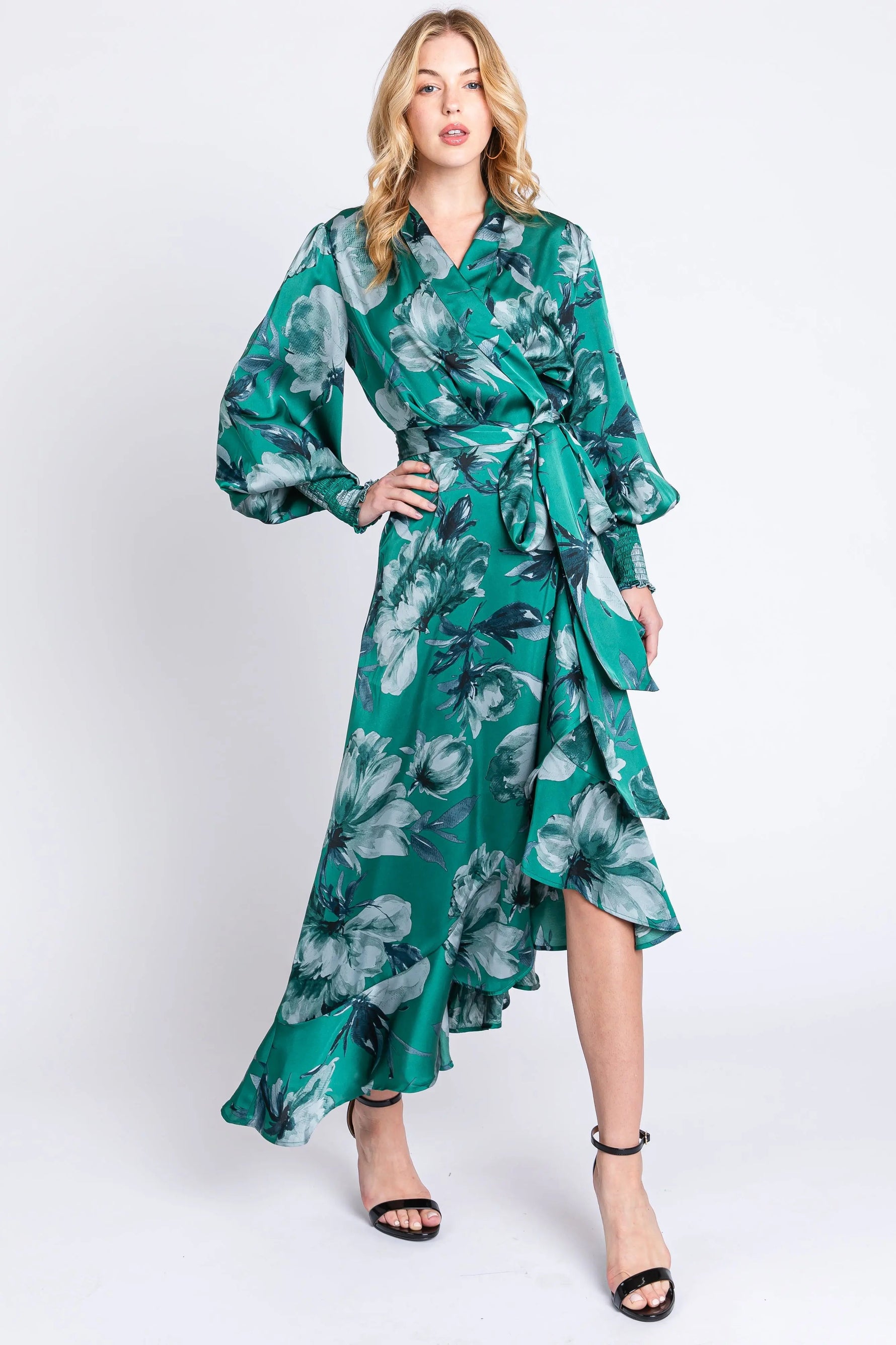 PinkBlush Green Satin Asymmetrical Flounce Trim Midi Dress - 