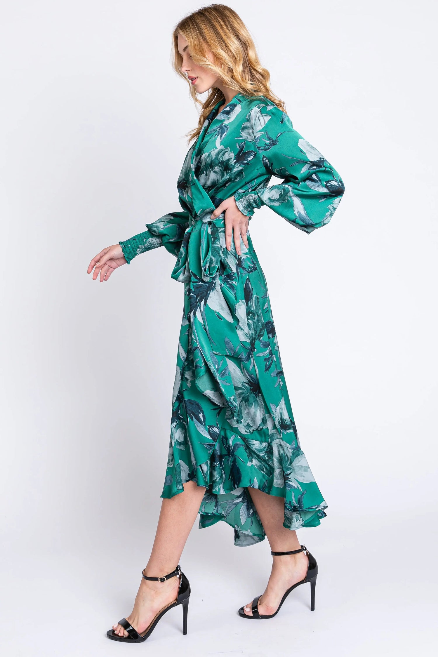 PinkBlush Green Satin Asymmetrical Flounce Trim Midi Dress - 