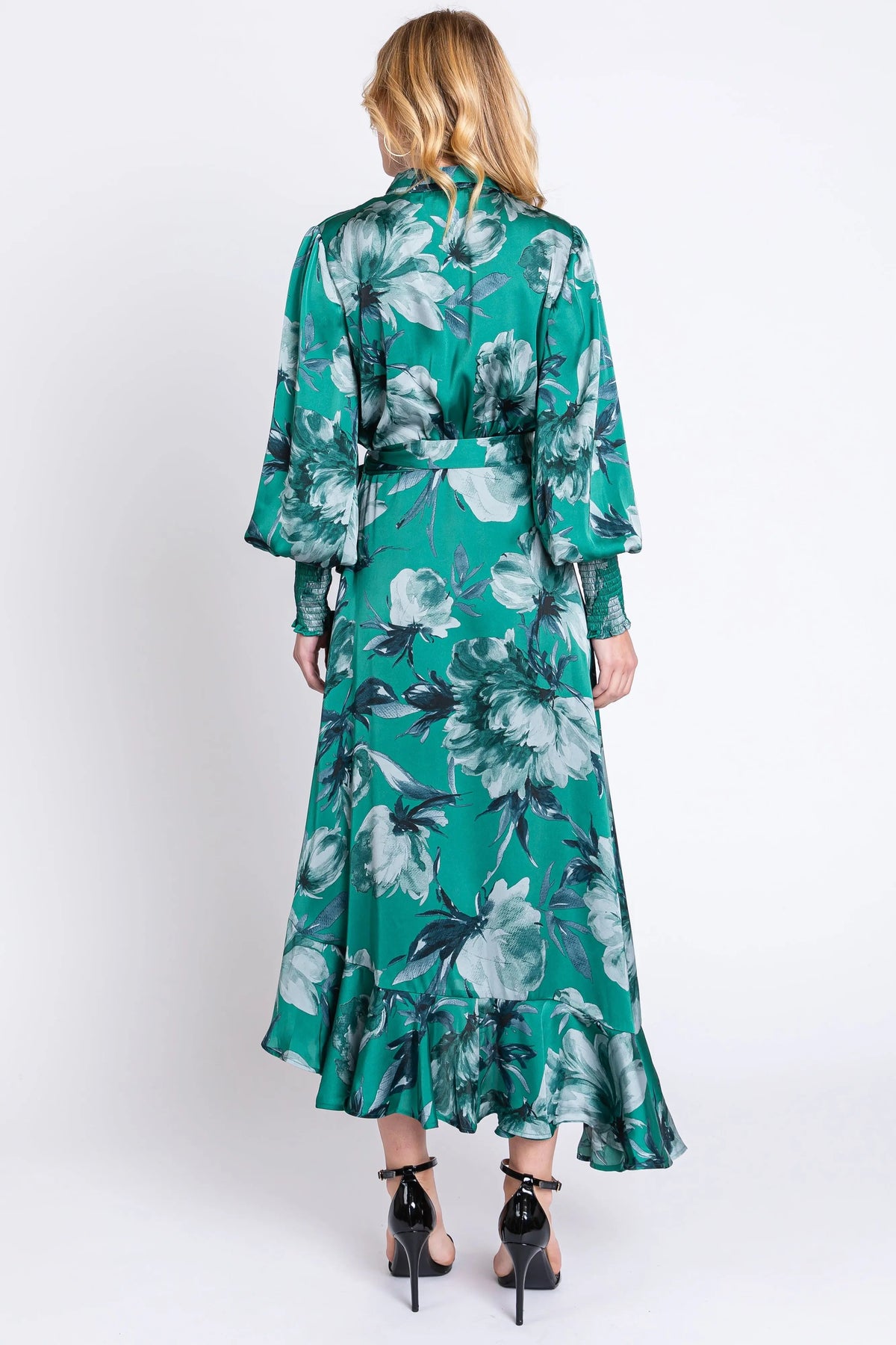 PinkBlush Green Satin Asymmetrical Flounce Trim Midi Dress - 