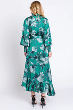 PinkBlush Green Satin Asymmetrical Flounce Trim Midi Dress - 