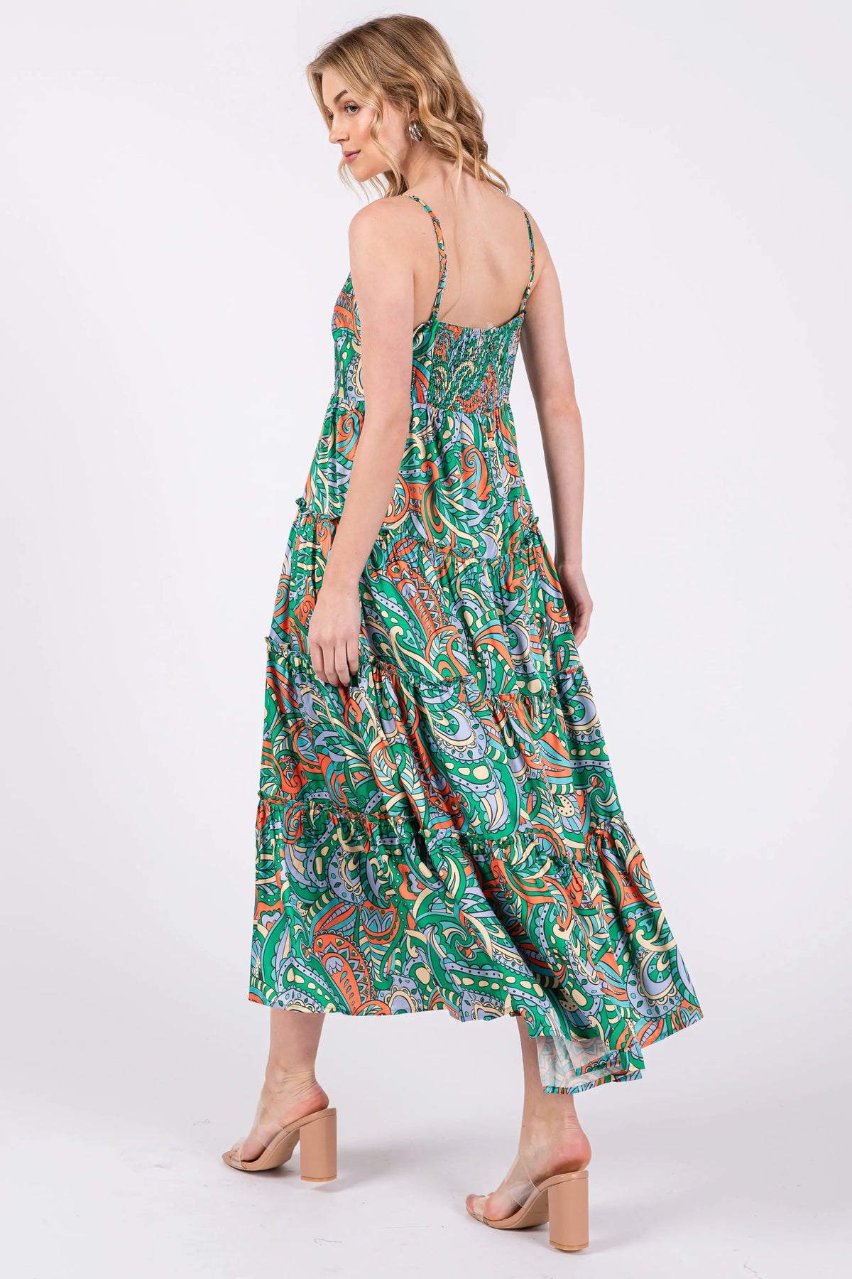PinkBlush Green Satin Square Neck Ruffle Tiered Midi Dress - 