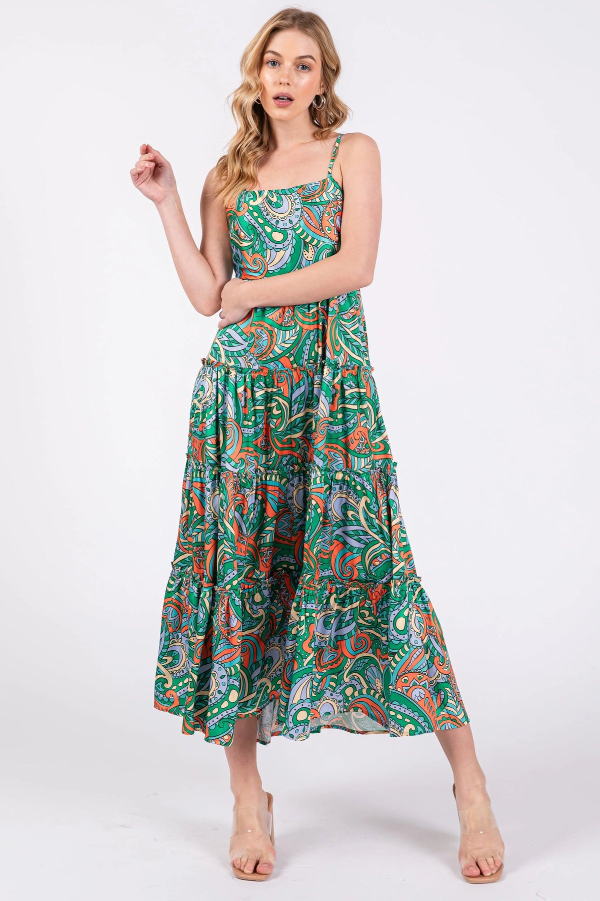 PinkBlush Green Satin Square Neck Ruffle Tiered Midi Dress - 