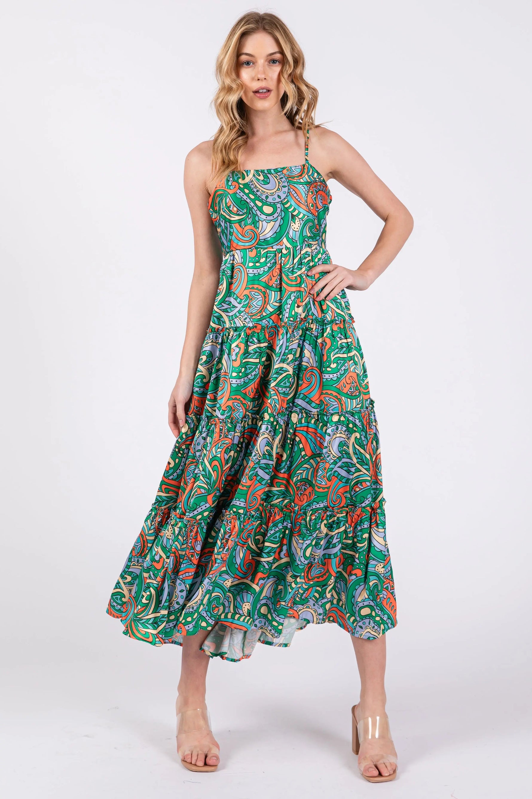 PinkBlush Green Satin Square Neck Ruffle Tiered Midi Dress - 