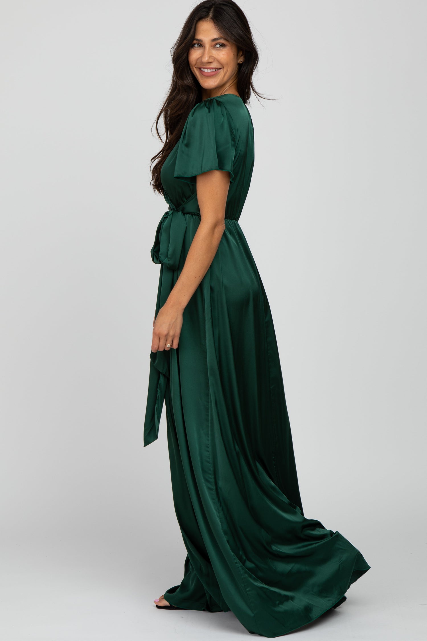 PinkBlush Green Side Slit Satin Maxi Dress