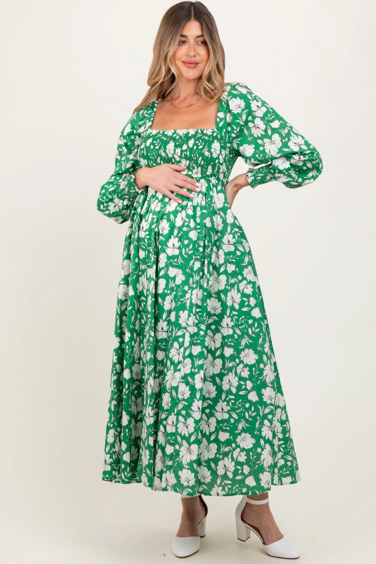 PinkBlush Green Smocked Cotton Floral Maternity Maxi Dress - 
