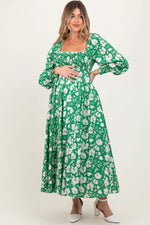PinkBlush Green Smocked Cotton Floral Maternity Maxi Dress - 