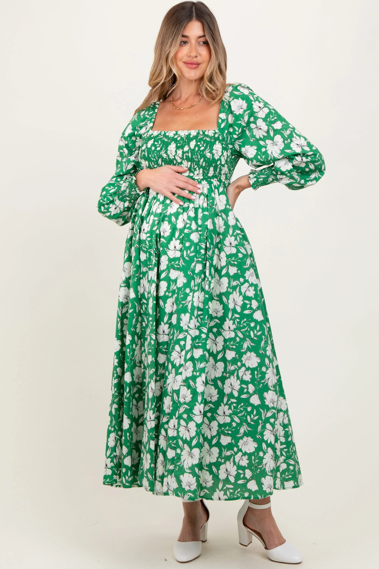 PinkBlush Green Smocked Cotton Floral Maternity Maxi Dress - 