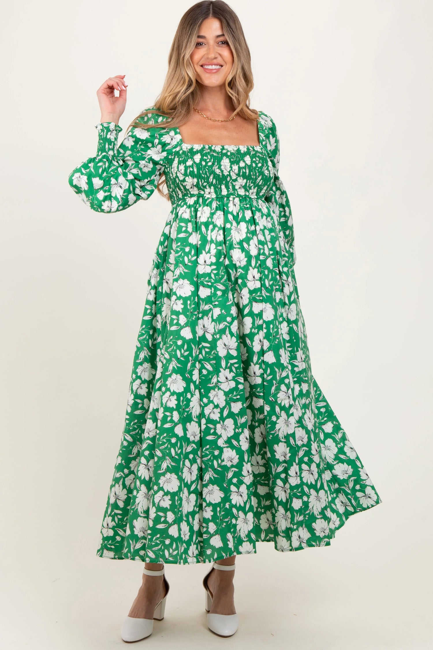 PinkBlush Green Smocked Cotton Floral Maternity Maxi Dress - 