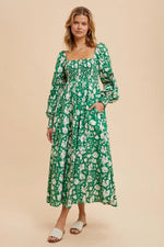PinkBlush Green Smocked Cotton Floral Maternity Maxi Dress - 