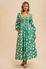 PinkBlush Green Smocked Cotton Floral Maxi Dress - 