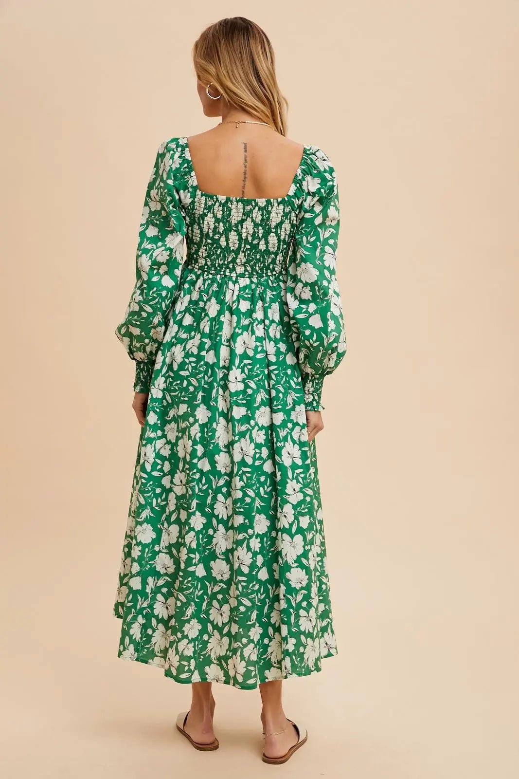 PinkBlush Green Smocked Cotton Floral Maxi Dress - 