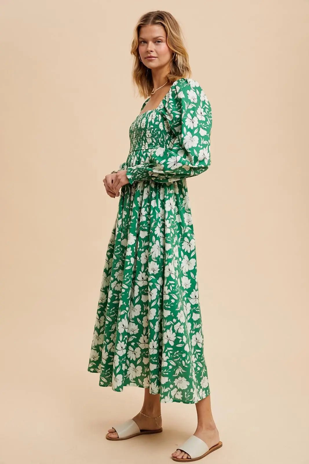 PinkBlush Green Smocked Cotton Floral Maxi Dress - 