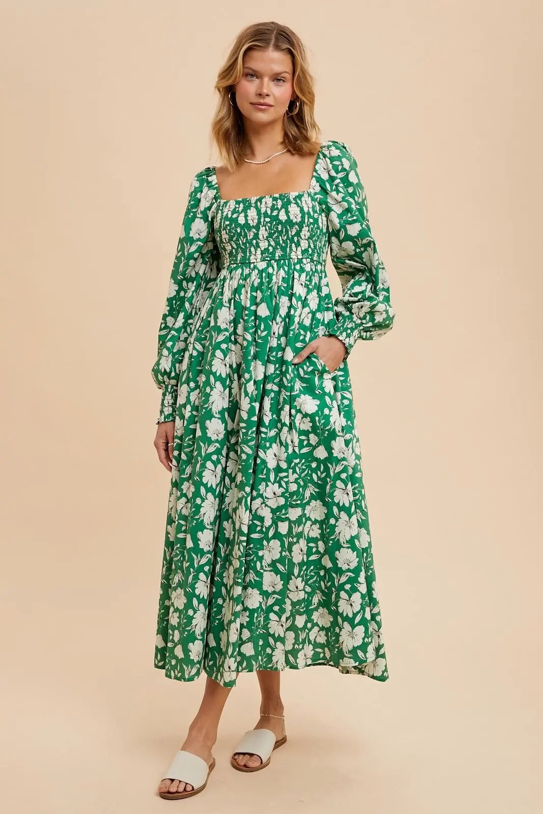 PinkBlush Green Smocked Cotton Floral Maxi Dress - 