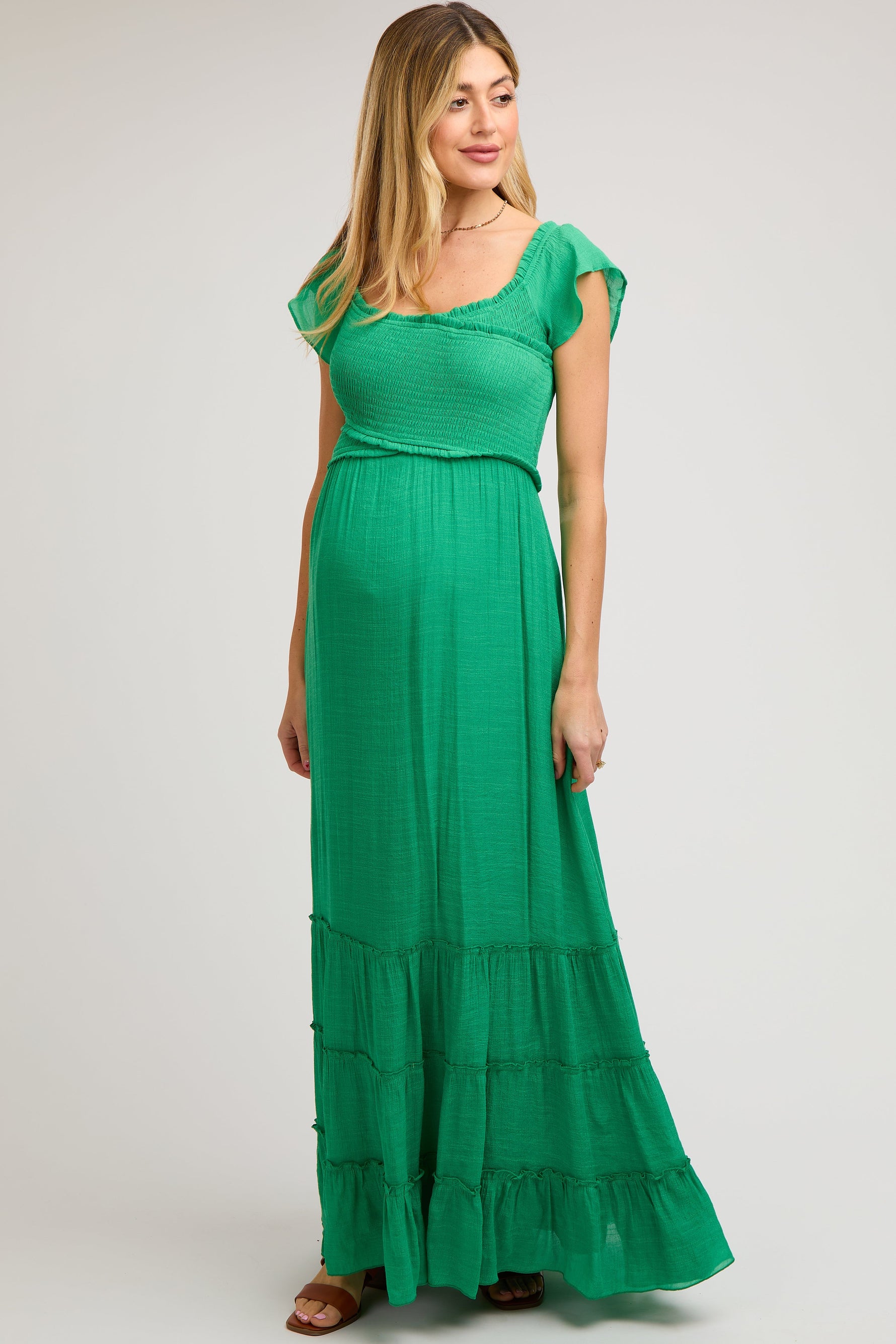 PinkBlush Green Smocked Crossover Off Shoulder Maternity Maxi Dress - 