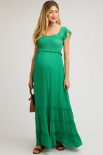 PinkBlush Green Smocked Crossover Off Shoulder Maternity Maxi Dress - 