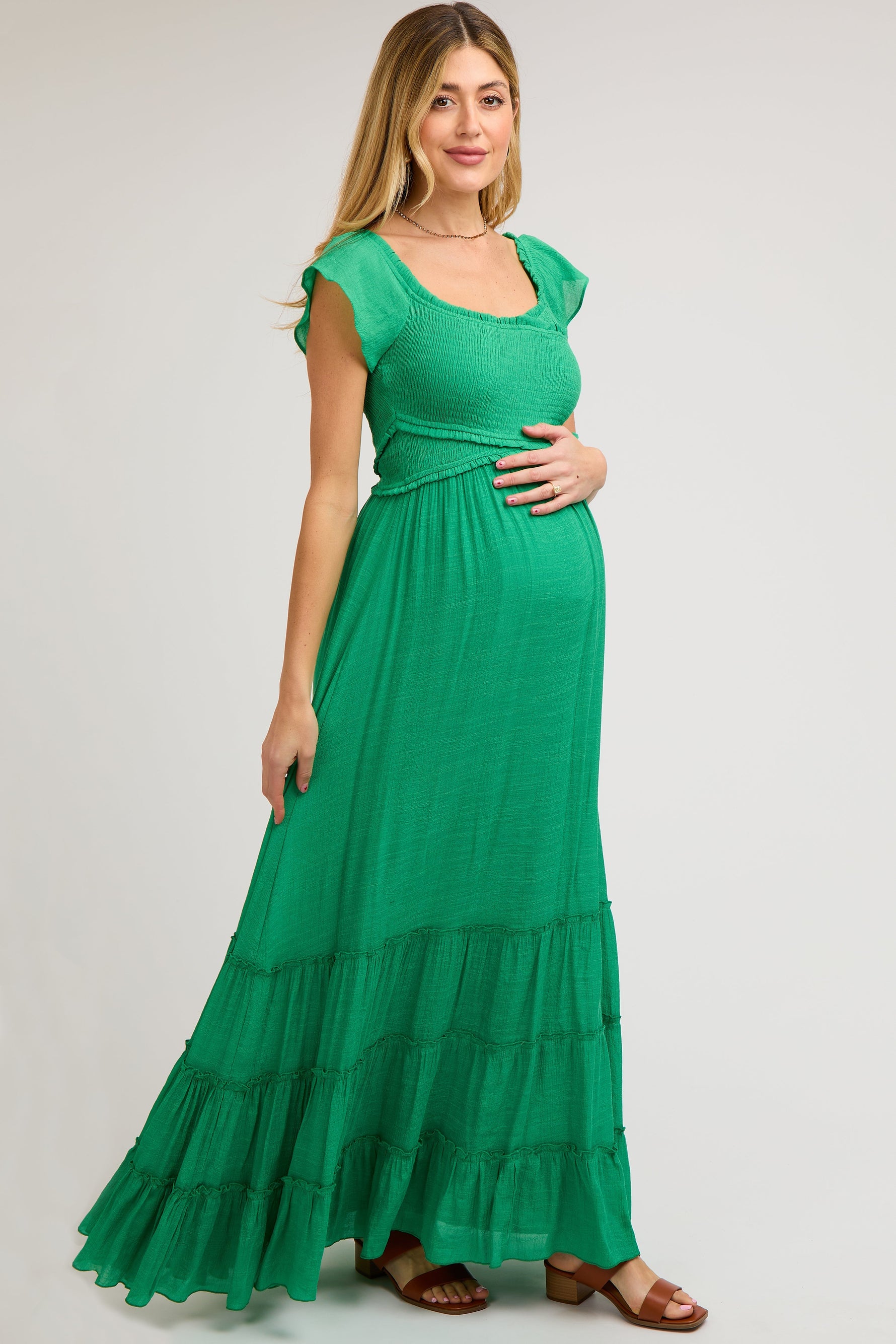 Green Smocked Crossover Off Shoulder Maternity Maxi Dress - Fashion, Day Dress, Textile, One-piece garment, Dress | Everetts Place