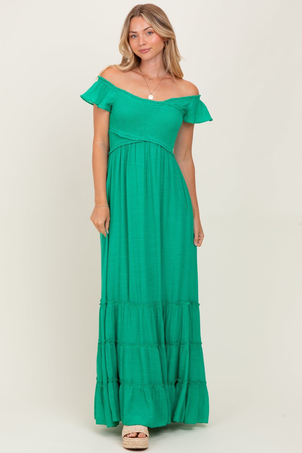 PinkBlush Green Smocked Crossover Off Shoulder Maternity Maxi Dress - 