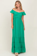 PinkBlush Green Smocked Crossover Off Shoulder Maternity Maxi Dress - 