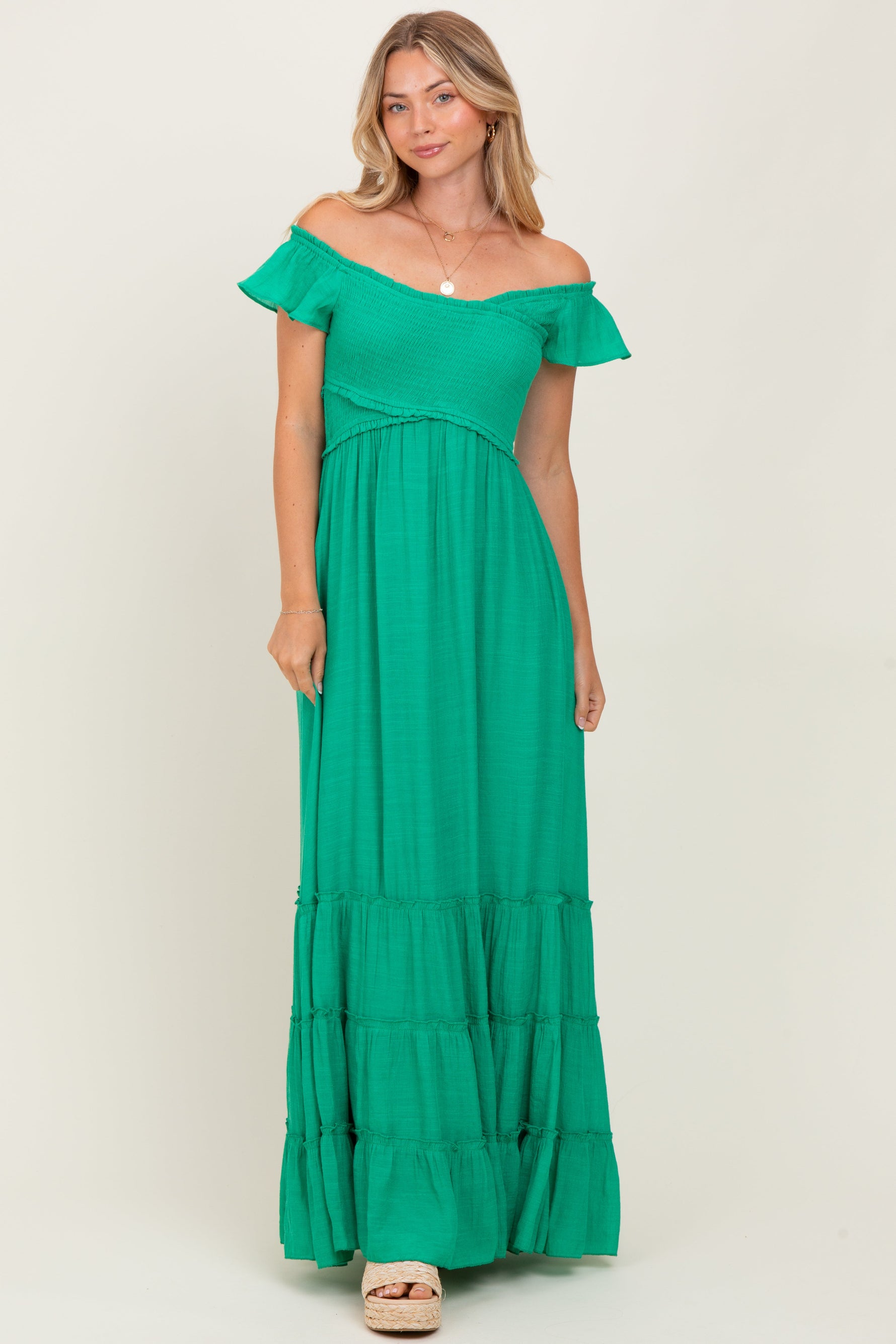 PinkBlush Green Smocked Crossover Off Shoulder Maternity Maxi Dress - 