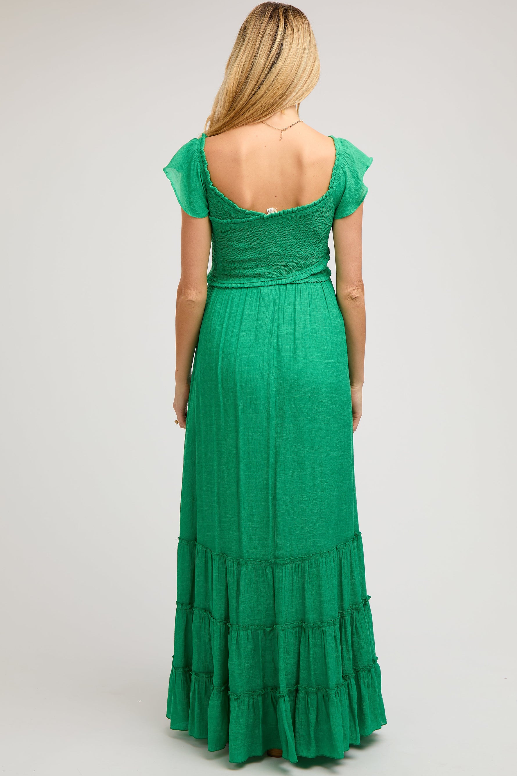 PinkBlush Green Smocked Crossover Off Shoulder Maternity Maxi Dress - 