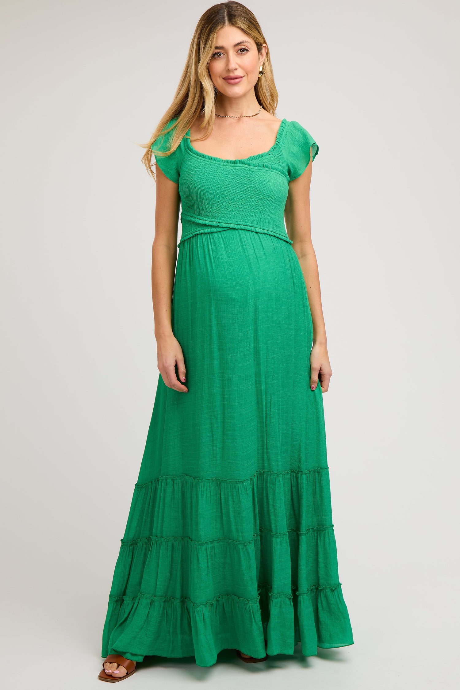 PinkBlush Green Smocked Crossover Off Shoulder Maternity Maxi Dress - 