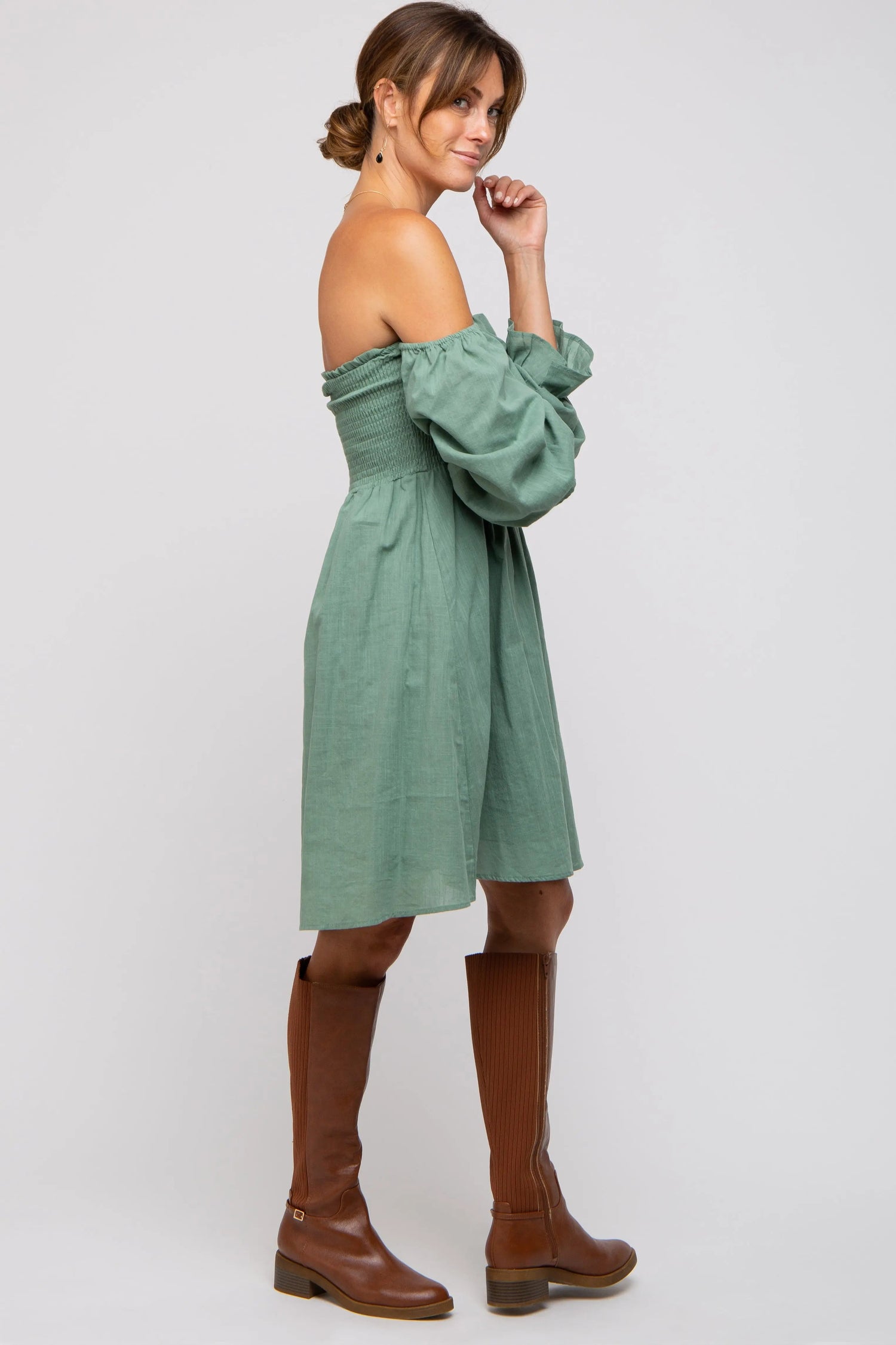 PinkBlush Green Smocked Off Shoulder Long Sleeve Dress - 