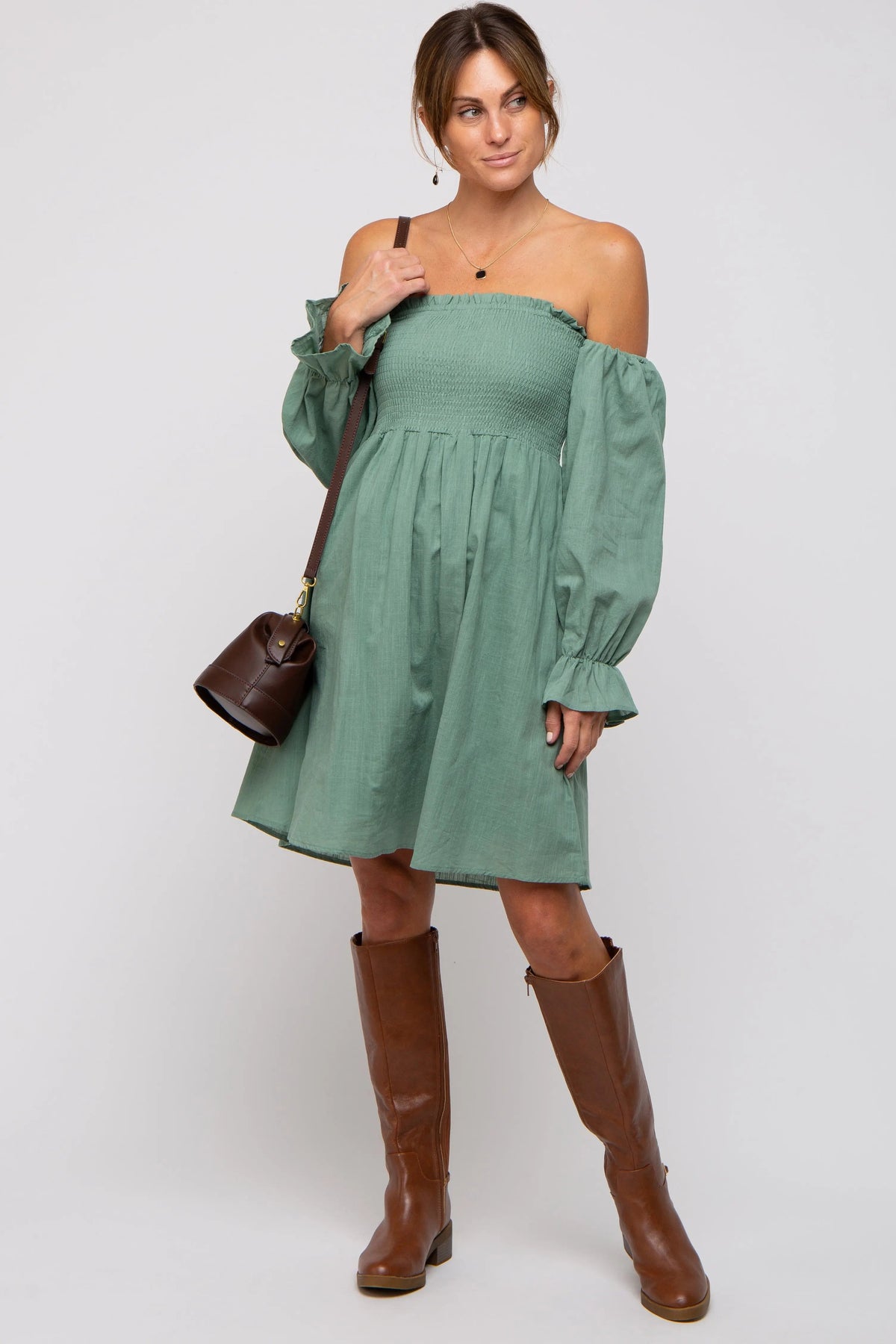 PinkBlush Green Smocked Off Shoulder Long Sleeve Dress - 
