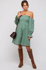 PinkBlush Green Smocked Off Shoulder Long Sleeve Dress - 