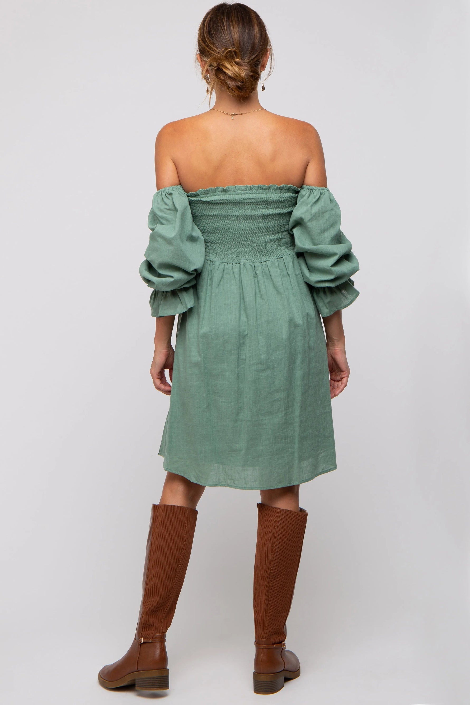 PinkBlush Green Smocked Off Shoulder Long Sleeve Dress - 
