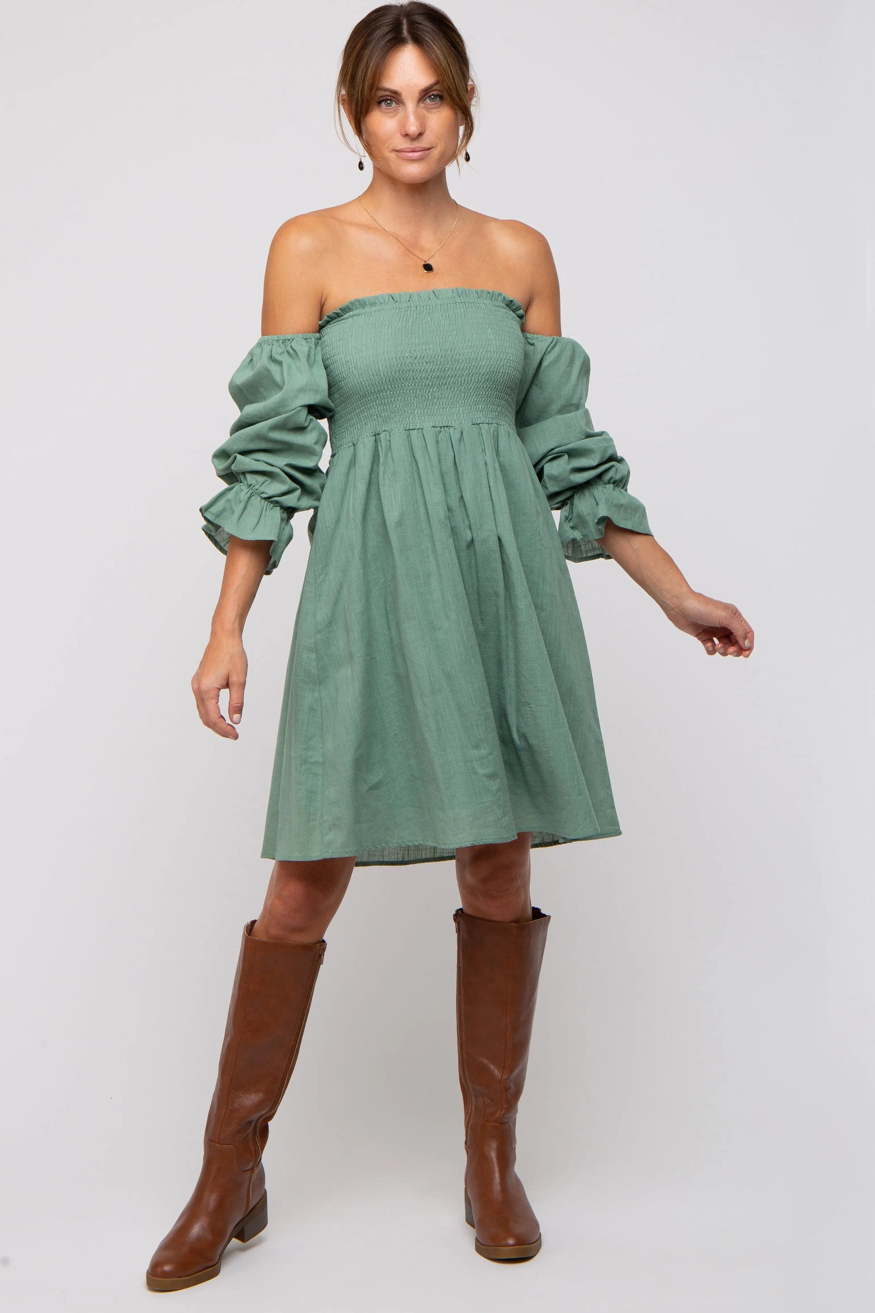 PinkBlush Green Smocked Off Shoulder Long Sleeve Dress - 