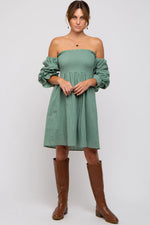 PinkBlush Green Smocked Off Shoulder Long Sleeve Dress - 