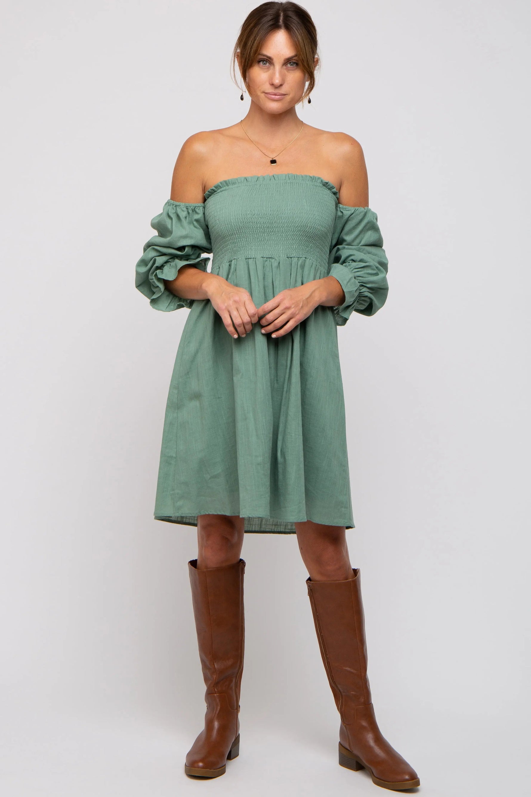 PinkBlush Green Smocked Off Shoulder Long Sleeve Dress - 