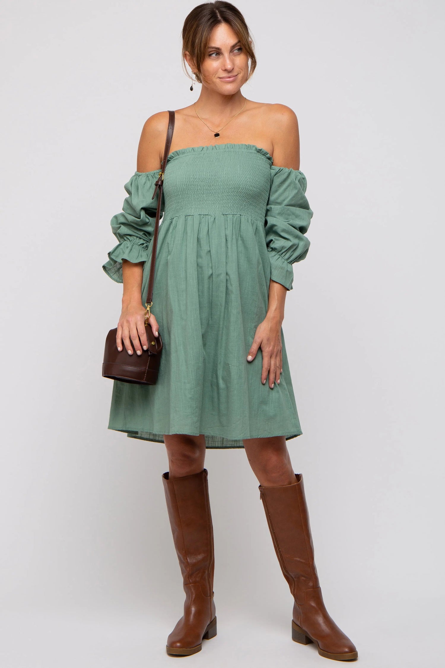 Green Smocked Off Shoulder Long Sleeve Dress - Dress, Fashion, Day Dress, One-piece garment, Cocktail dress | Everetts Place