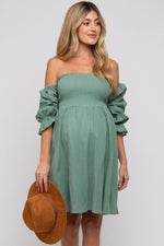 Green Smocked Off Shoulder Long Sleeve Maternity Dress - Dress, Fashion, Day Dress, One-piece garment, Waist | Everetts Place