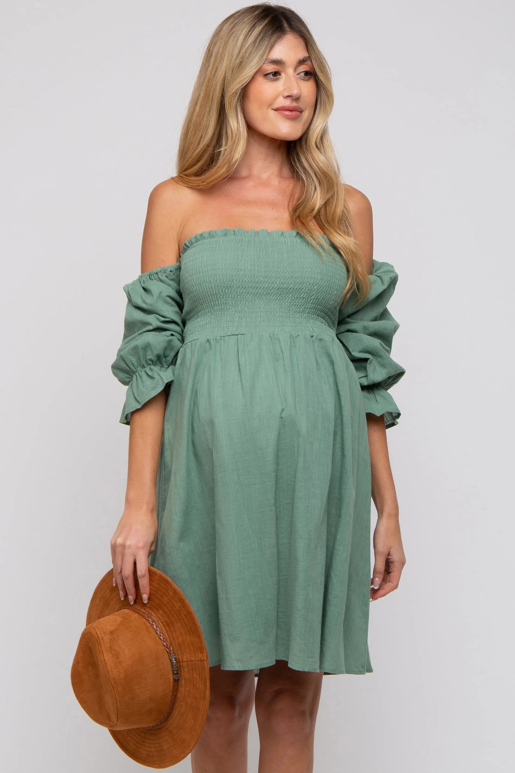 Green Smocked Off Shoulder Long Sleeve Maternity Dress - Dress, Fashion, Day Dress, One-piece garment, Waist | Everetts Place