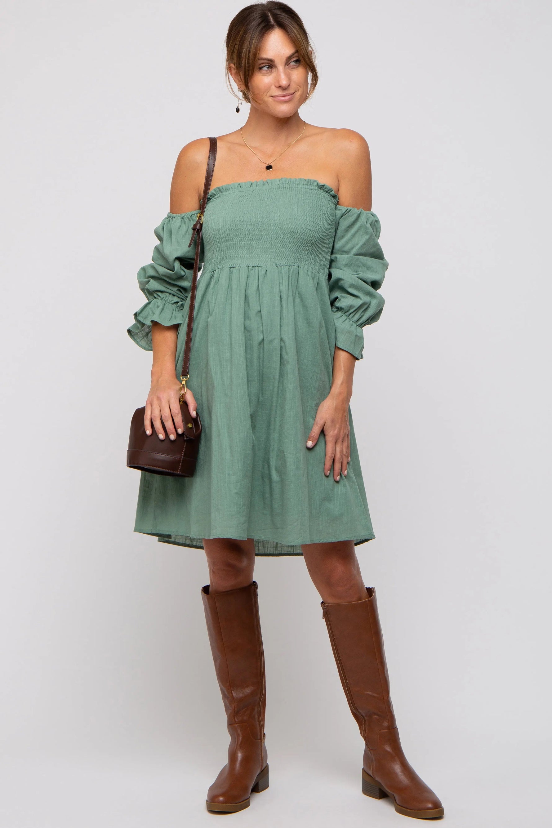 PinkBlush Green Smocked Off Shoulder Long Sleeve Maternity Dress - 