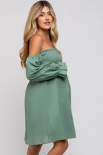 PinkBlush Green Smocked Off Shoulder Long Sleeve Maternity Dress - 